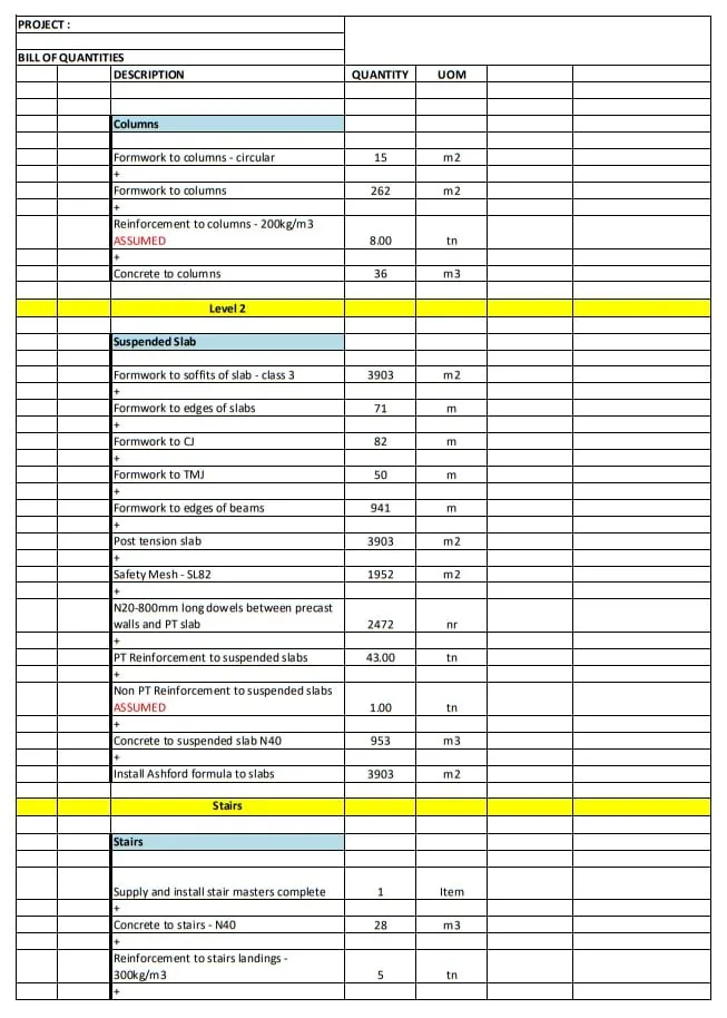 Quantity Takeoff sheet