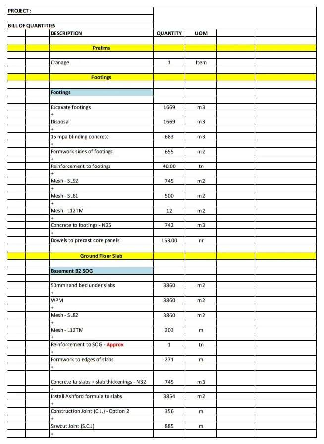 material take off sheet